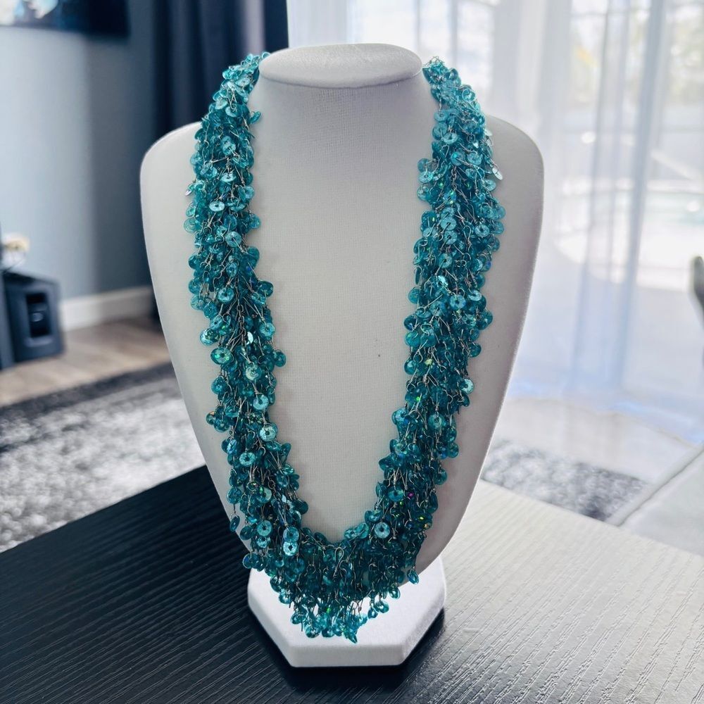 Teal Sequin Fringe Statement Necklace Iridescent Bib Collar